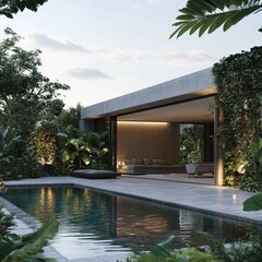 Obraz premium A stunning modern house design featuring large open spaces, a sleek swimming pool, and beautifully landscaped gardens framed by abundant, lush tropical greenery.