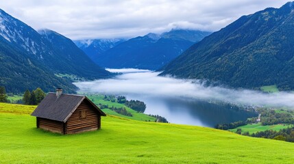 Obraz premium Secluded Wooden Cabin on Lush Green Hillside Overlooking Foggy Mountain Valley