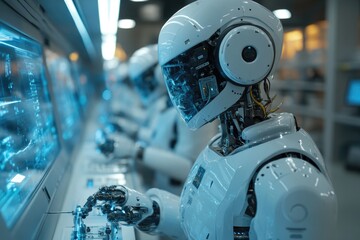 Fototapeta premium A robot sitting at a desk with a computer, ready to work or learn