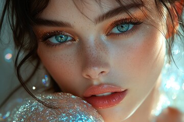 Close-up shot of a woman with glitter makeup, suitable for beauty or fashion themed projects