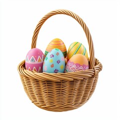 3D icon cartoon basket filled with Easter eggs, isolated on a white background --quality 2