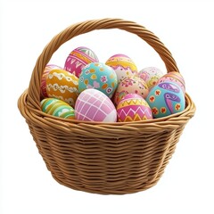 3D icon cartoon basket filled with Easter eggs, isolated on a white background --quality 2