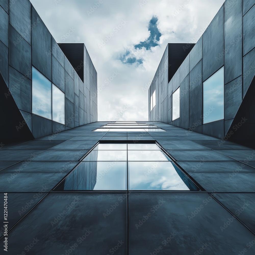 Poster a striking modern building characterized by its abstract architecture and reflective windows, captur