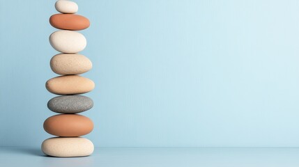 Stack of Balanced Stones on Blue Background