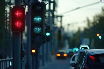 A close-up of a traffic light with both the red and green lights illuminated