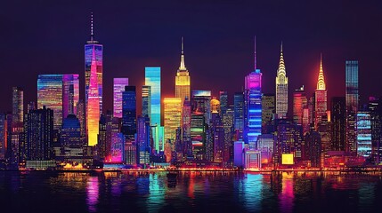 Vibrant city skyline illuminated at night with colorful lights.