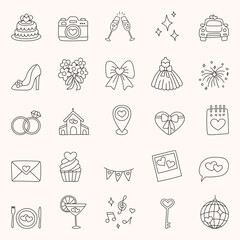Wedding doodle icon set - church, heart, rings, glasses, car, bow, star, sparkle, dress, cake, geotag, envelope. Hand drawn vector marriage symbol for decoration invitation, card on white background.