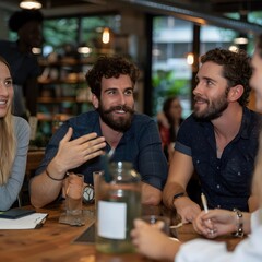 Young adults brainstorm, cafe, meeting, discussion, background busy