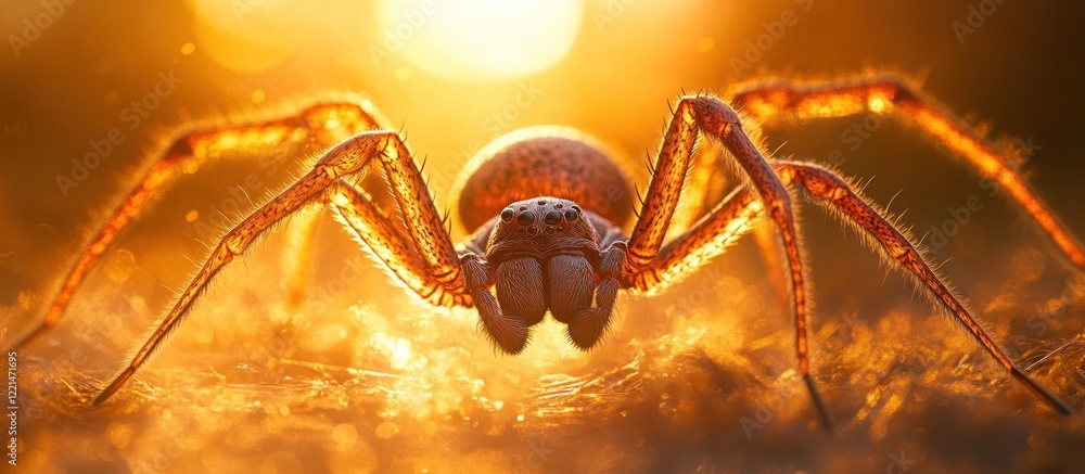 Wall mural captivating close up of a glowing orange spider set against a backlit autumn nature scene creating a
