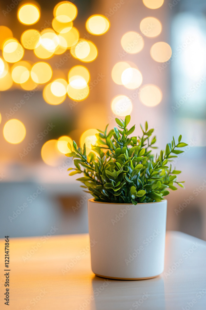 Poster close-up of artificial plant in a pot with bokeh lights in the background