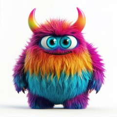 Naklejka premium 3D icon cartoon colorful furry monster with tiny horns, isolated on a white background --quality 2
