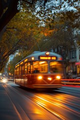Fototapeta premium Dynamic motion of metropolitan transit captured in blur photography on urban street