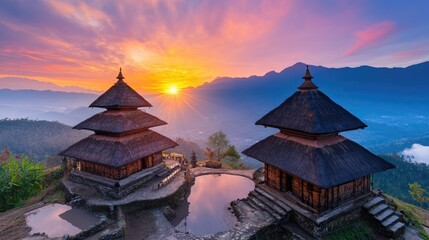 Obraz premium Twin Temples at Sunrise in Mountainous Asian Landscape