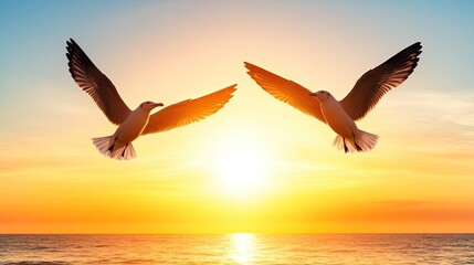 Fototapeta premium Two Seagulls Flying at Sunset Over a Calm Ocean