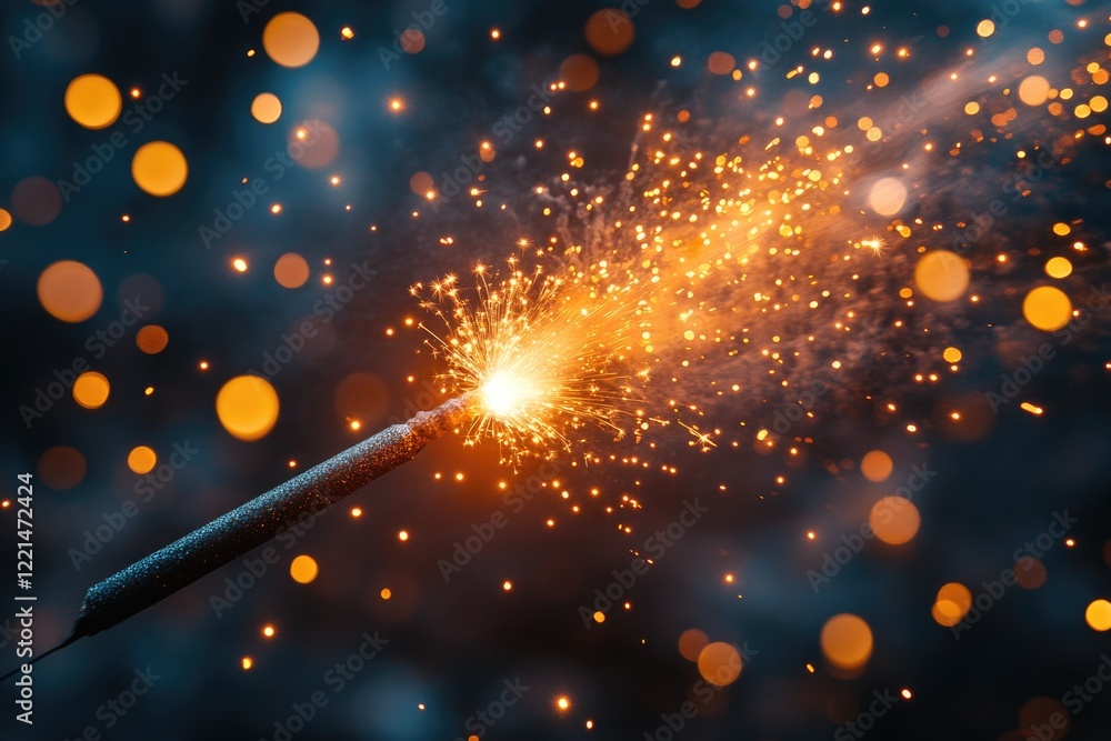Poster a close-up shot of a single sparkler lit up on a dark background, perfect for capturing the sparkle 