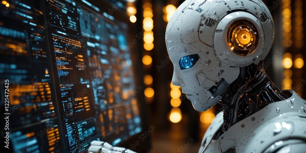 Poster a robot focused on a computer screen with detailed information displayed