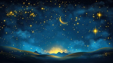 Naklejka premium Dreamy night sky with glowing stars, crescent moon, and rolling hills