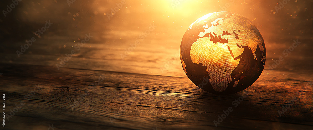 Poster Close-up of globe on wooden surface with glowing light and bokeh background