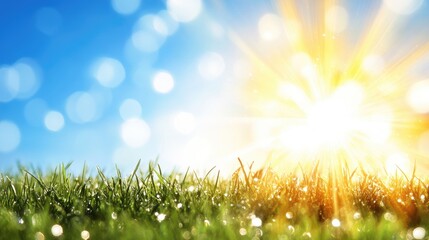 Obraz premium Vibrant Green Grass Meadow with Bright Sunny Sky and Bokeh