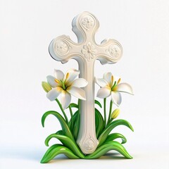 3D icon cartoon cross with lilies for Easter Sunday, isolated on a white background --quality 2