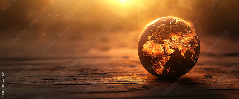 Poster Globe on wooden surface glowing with light, atmospheric background and bokeh effect