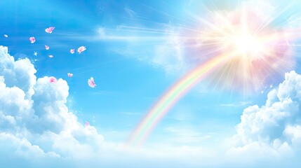 Vibrant Rainbow Arcing Across a Bright Blue Sky with Fluffy White Clouds and Pink Petals