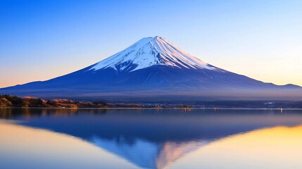 Majestic Mount Fuji Reflection over Lake, Snow Capped Peak at Sunset, Breathtaking Scenery