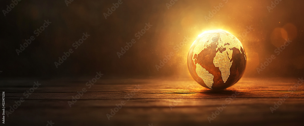 Poster Glowing globe on wooden surface with dramatic light and bokeh effect in background