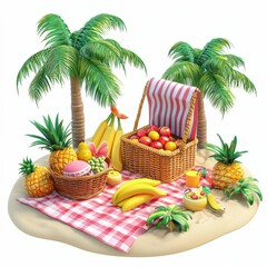 3D icon cartoon beach picnic setup with a blanket, basket, and tropical fruits, isolated on a white background --quality 2