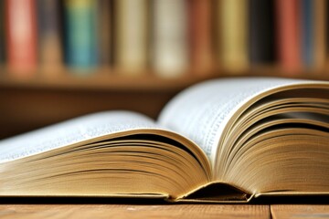 An open book sits on top of a wooden table, ready for reading and study