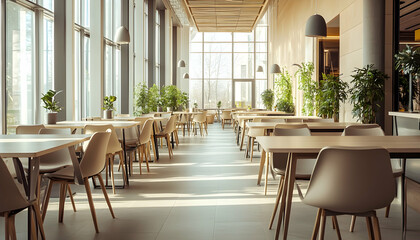 Interior of a food court in a shopping mall designed in a minimalist contemporary style with light beige tones