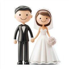 Fototapeta premium 3D icon cartoon bride and groom holding hands, isolated on a white background 
