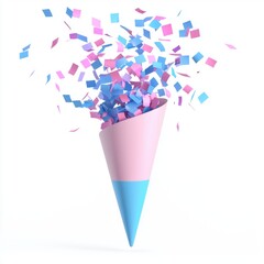 3D icon cartoon confetti popper revealing pink or blue, isolated on a white background --quality 2