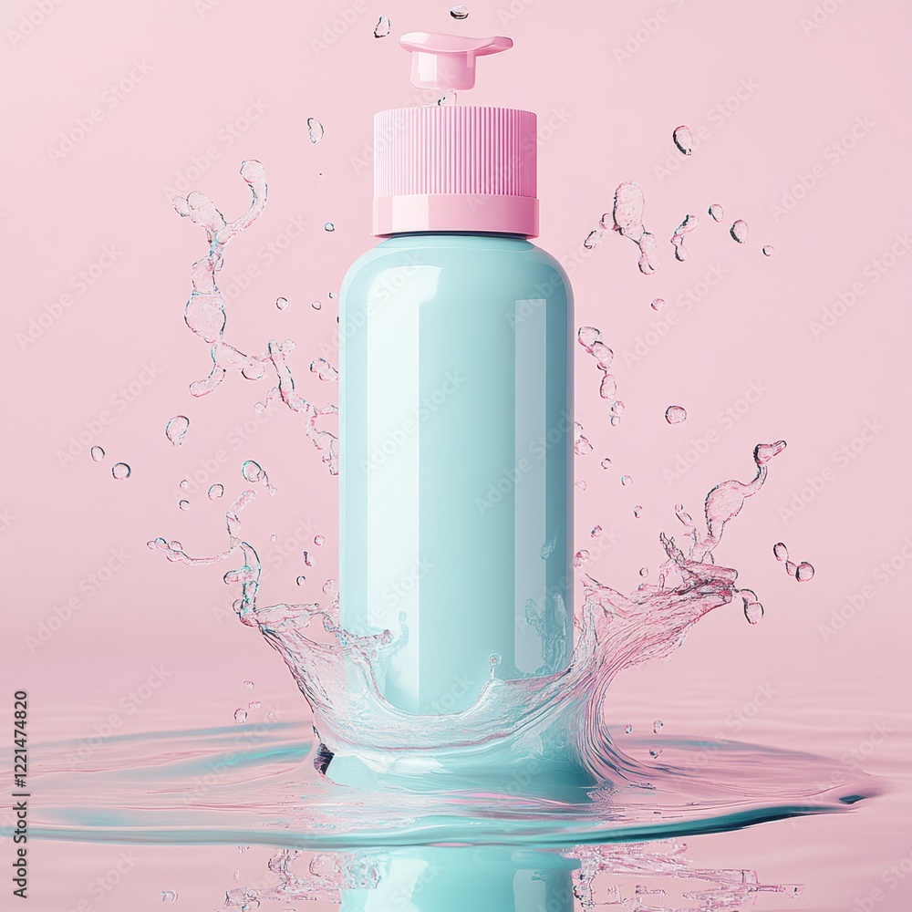 Poster colorful bottle splashing in water against a soft pink background creates an artistic and refreshing