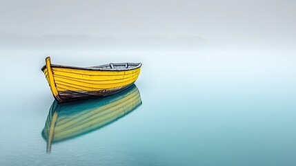 Naklejka premium Yellow Wooden Boat on Calm Blue Water with Foggy Background