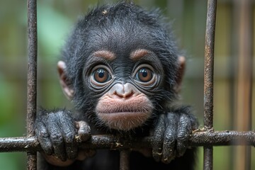 A curious baby monkey peeking out from its enclosure