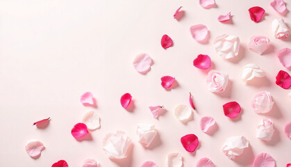 Pink flower petals on light background for greeting card with copy space