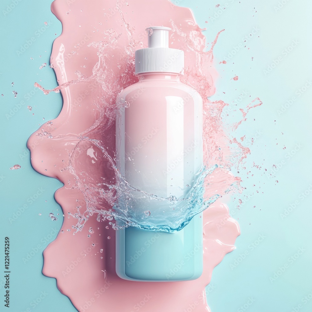 Poster creative bottle design splashed with water against a colorful background. generative ai