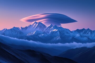 Lenticular cloud formation hovering dramatically over a majestic snow-capped mountain range at sunset.