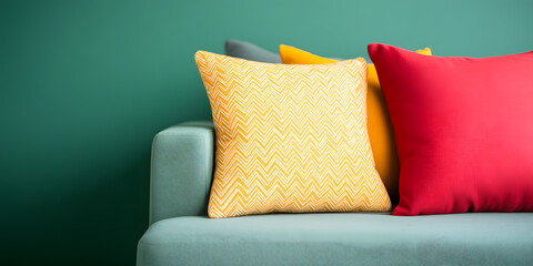 Colorful throw pillows on a teal sofa against a teal wall.  Perfect for adding a pop of color to any living room.