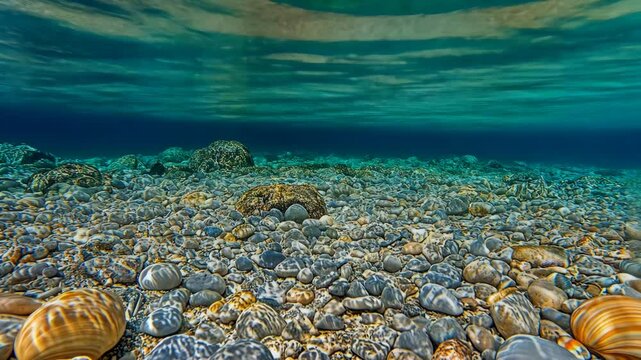 Beautiful underwater view of a rocky seafloor with shells and pebbles in the clear ocean water on a sunny day