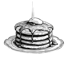 Stack of pancakes with syrup and butter in sketch style.