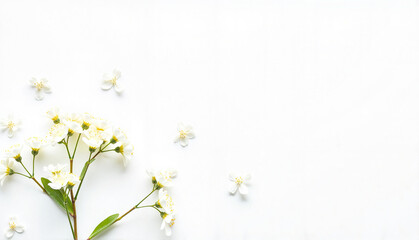 Obraz premium White flowers on white background for greeting card with copy space