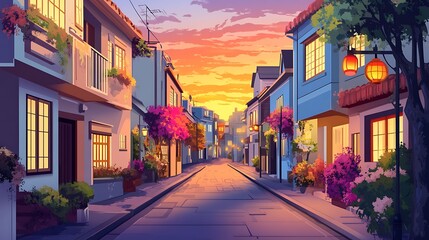 Fototapeta premium Street at sunset with houses and trees for travel use