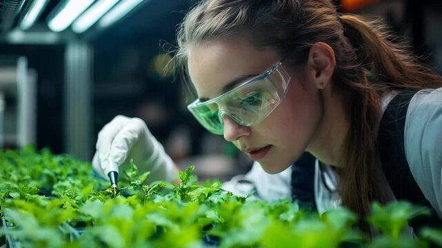 Focused scientists conduct research on plant development strategies in a high-tech laboratory. Advanced techniques and equipment support their findings on sustainable growth methods.