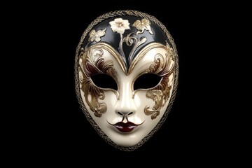 A close-up of a white mask featuring intricate black and gold designs