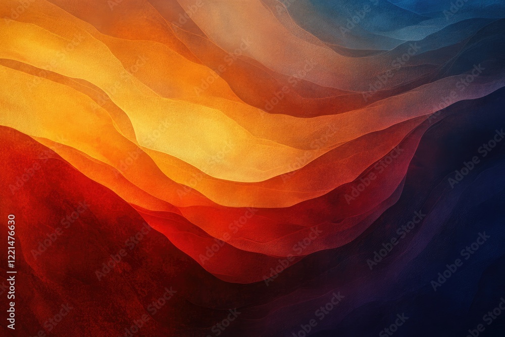 Poster abstract landscape painting with warm and cool color gradients creating a layered, undulating effect