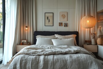 Cozy modern bedroom interior with minimalist decor and warm lighting
