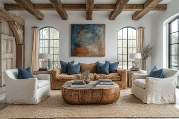 Modern rustic living room with wooden beam ceiling and cozy neutral tones