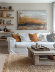 Modern boho living room with textured art, cozy couch, and earthy accents